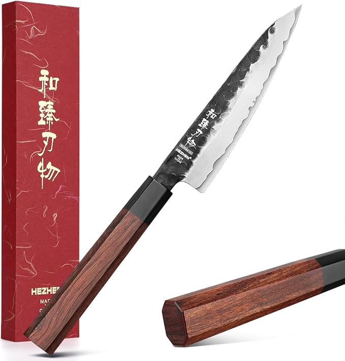 HEZHEN 5.3" Utility Knife, Clad Steel Composite Forging Steel Universal Knife, Petty Knife Paring Fruit Peeling,Japanese Style Kitchen Knife,Natural Wood Octagonal Handle