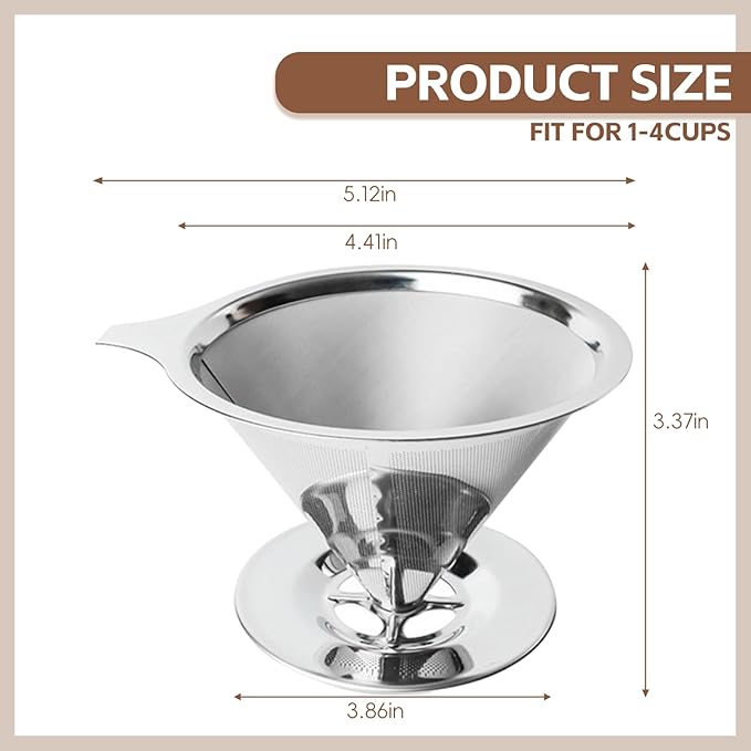 Pour Over Coffee Dripper Stainless Steel Coffee Filter Metal Cone Filter Extra Fine Wire Mesh Reusable Coffee Filter Coffee Maker (Silver, 1-4 Cups)