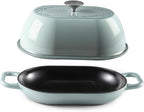 Enameled Cast Iron Dutch Oven for Professional Sourdough Bread Baking | 5.5 Quart Loaf Size Oval Cookware Pot with Lid | Triple-Layer Enamel Coating Pan with Non Stick Silicone Mat | Sea Salt