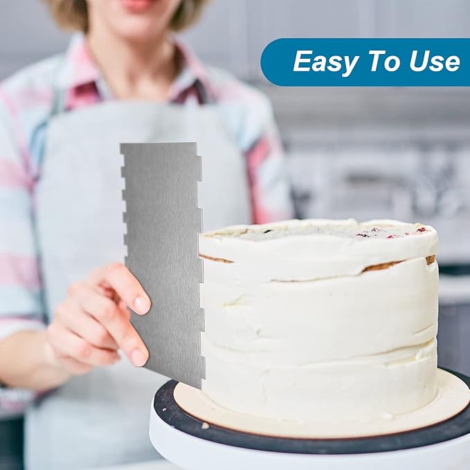 3 Pieces Stainless Steel Cake Scraper 10 Inch and 9 Inch Large Double Sided Patterned Edge Stripe Edge Smoother Scraper Cake Decorating Comb Pastry Cutter for Butter Mousse Cream Decoration