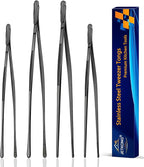 JETKONG 4 Pcs Kitchen Tweezers, 12'' and 10'' Stainless Steel Cooking Tweezers Set, High-Precision Tweezers Tongs for Cooking, Repairing, Seafood and BBQ (Black)