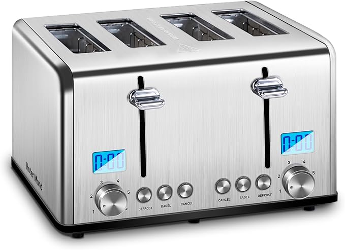 Roter Mond Countdown Stainless Steel 4 Slice Toaster with Bagel, Defrost, Cancel Function, Dual Toaster, Extra Wide Slots, 6 Shade Settings, Removable Crumb Trays, 1650W