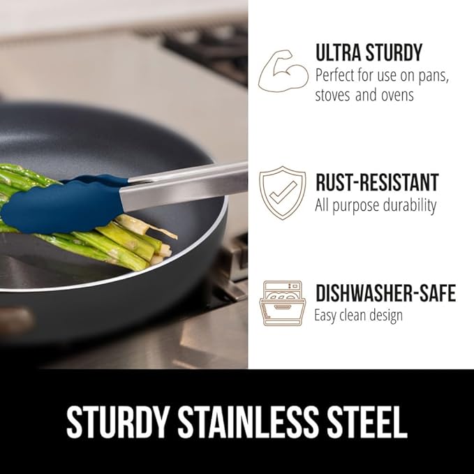 GORILLA GRIP Stainless Steel Heat Resistant Kitchen Tongs for Cooking, Set of 2 BBQ Tong, Non Scratch Silicone Tip for Pans, Strong Grip, Grab Food, Toss Salad, Air Fryer, Pull Lock, 7 + 9 Inch, Blue
