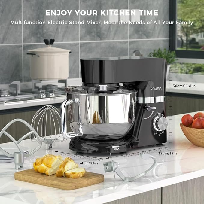 Stand Mixer, POWWA 6.5 Quart Electric Mixer, 6+1 Speed 660W Tilt-Head Kitchen Food Mixers with Whisk, Dough Hook, Mixing Beater & Splash Guard for Baking, Cake, Cookie, Kneading, ETL Certified (Black)