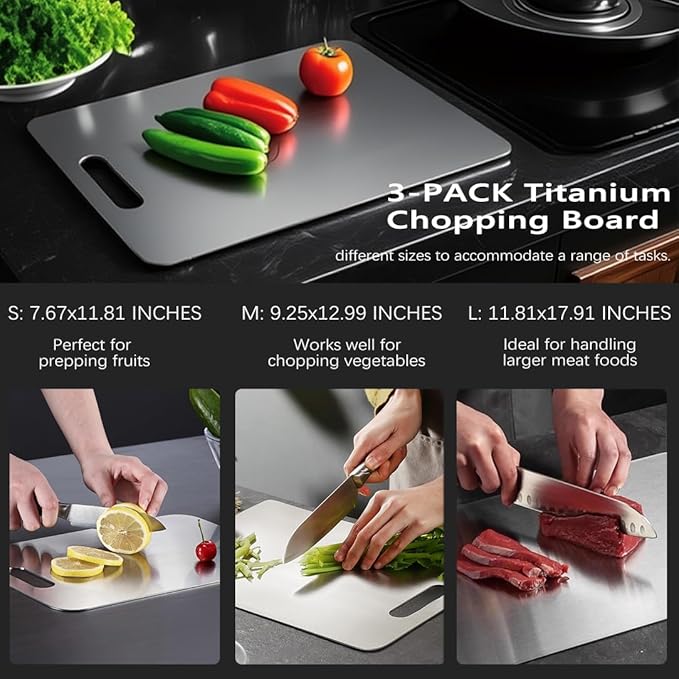 Titanium Cutting Board Set of 3,100% Pure Titanium Cutting Boards for Kitchen Double Sided,Hygiene Durable Dishwasher,Fruit & Vegetables (3P-S)
