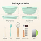 Silicone Banneton Bread Proofing Basket Set, 2 Foldable Sourdough Proofing Baskets (9" Round & 10" Oval), Complete Set for Bread Making With Essential Tools, Green