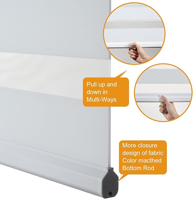 Persilux Cordless Zebra Blinds for Windows Free-Stop Window Shades (33" W X 64" H, White) Dual Layer Light Control for Day and Night, Light Filtering Sheer Shades for Home, Bedroom, Easy to Install