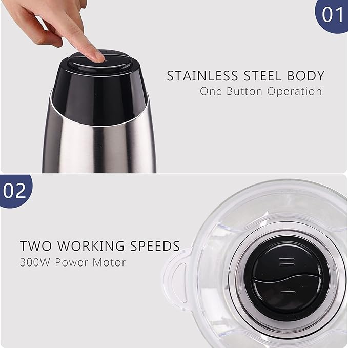 Homeleader Electric Food Chopper, 300W Stainless Steel Blade, Food Processor with 2L Glass Bowl, 2S Fast Shredding for Meat, Vegetables, Fruits and Nuts, Dishwasher Safe, Quiet Motor with 4 Blades