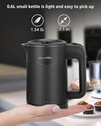 0.6L Small Electric Tea Kettle Lightweight, 20 Ounce Double Wall Hot Water Boiler Stainless Steel Auto Shut-off, 120V Portable Travel Electric Kettle Fast Boil for Tea and Coffee, Black