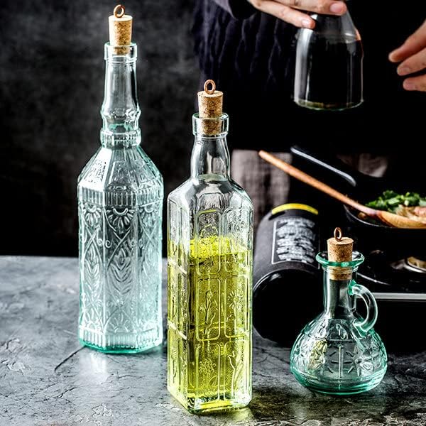 Bormioli Rocco Set Of 2 Country Home Helios Oil Bottle, 8-ounce With All Natural Cork Lid, Blue-green Tinted Star Glass, Elegant And Floral Design Made In Italy.