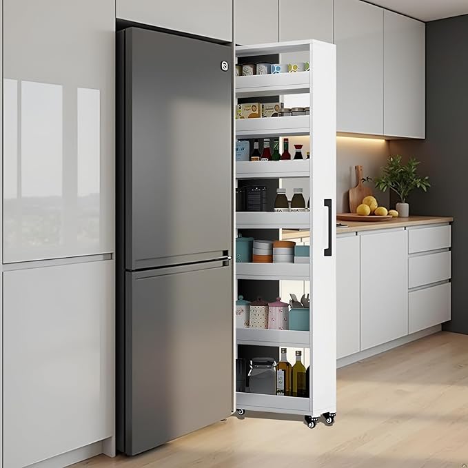 7-Tier Slim Storage Cart, Wooden Rolling Pantry Cabinet with Wheels, Narrow Shelf Organizer for Kitchen, Bakers Rack, Dining Room, Closet, Small Spaces Warm White 47.2" H*7.8" W*23.6" D