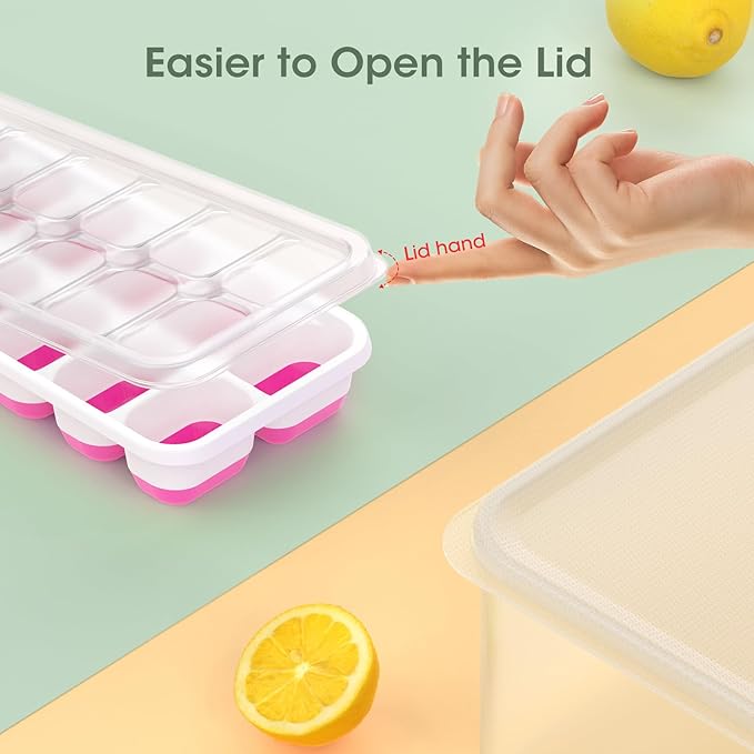 DOQAUS Ice Cube Tray with Lid and Bin, 4 Pack Silicone Plastic Ice Cubes Trays for Freezer with Box/Container, Stackable with Storage Iced Bucket Kits, Scoop, for RV, Soup, Food, Cocktail, Coffee