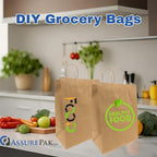 ASSUREPAK DIY Grocery Paper Bags - 100 Bags - 12"x9"x16" - 74LB (110 GSM strong) Twisted Handle - Kraft/Natural - Recyclable Food & Supermarket Bags for Decorating & Branding