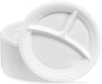 PLASTICPRO 9 inch Round Plastic Plates 3 Compartment - 3 Section Plates Microwaveable, Disposable, White, Dinnerware 200 Count
