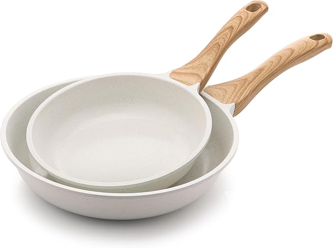 SENSARTE Nonstick Frying Pan Skillets, White Ceramic Coating Omelette Pans, Healthy Cookware Chef's Pan, Free of PTFE & PFAS (8+10 Inch)