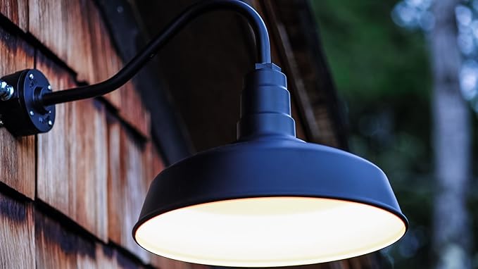 Steel Lighting Co. Gardena Barn Light | Outdoor Wall Mounted | 16" Dome | 11" Gooseneck | Farmhouse Light Made in America | Hunter Green Exterior/Brass Interior