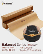 Katbite Parchment Paper Roll 15in x 115ft, Unbleached Pachment Baking Paper Roll 145 Sq.Ft, Non-Stick and Extra Longer Parchment Paper with Portable Serrated Cutter for Baking,Cooking,Space-saving