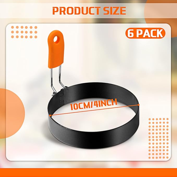 Patelai 6 Pcs Professional Egg Ring Pancake Ring Set Stainless Steel Fried Egg Molds Griddle Pancake Shapers with Orange Silicone Handle for Breakfast Omelette Sandwich(4 Inch)