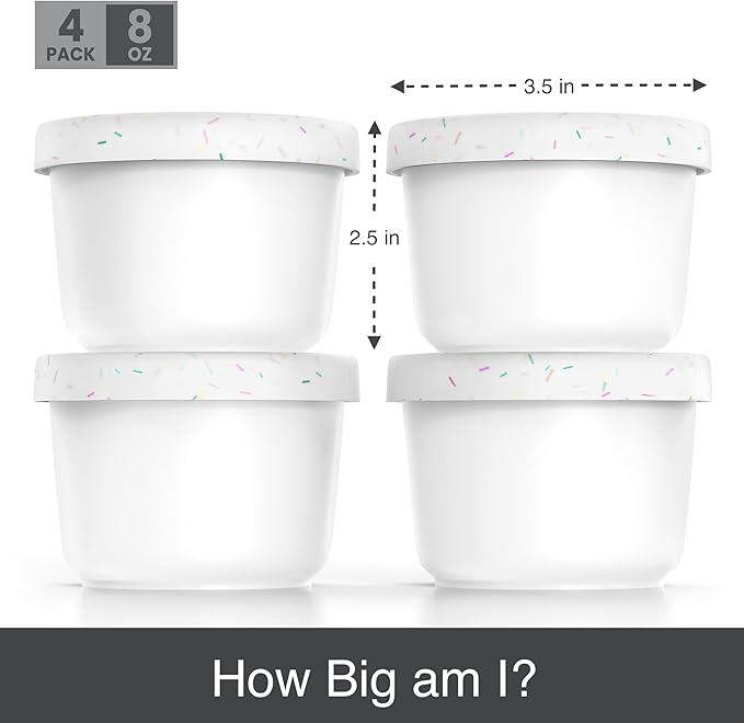 BALCI - 8oz Mini Ice Cream Containers with Silicone Lids (Set of 4) - Freezer Food Storage Containers, Reusable, LeakProof, For Homemade IceCream Containers - White with Sprinkles