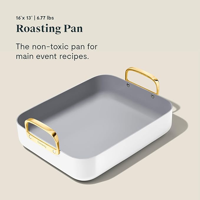 Caraway Roasting Pan - 16x13” Roasting Pan with Rack - Non-Stick Ceramic Coated - Non Toxic, PTFE & PFOA Free - Oven Safe & Compatible with All Stovetops - White