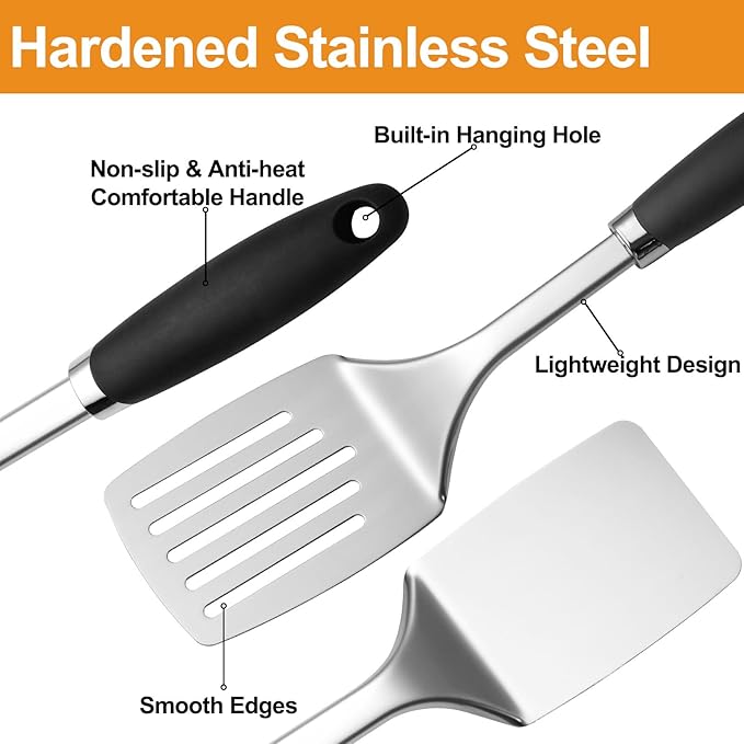 Stainless Steel Spatulas Set, 2 Pack Heavy Duty Solid & Slotted Turner, Metal Spatulas for Kitchen Use, High Heat Resistant Cooking Utensils for Fish Eggs Pancakes