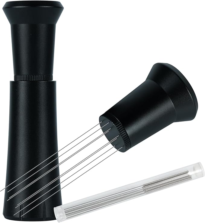 WDT Tool Espresso Distribution Tool with 10 x 0.25mm Stainless Steel Needles, Espresso Machine Accessories with 10 Extra 0.4mm Needles, Aluminum Alloy Handle Stand with Hide Brush for Barista