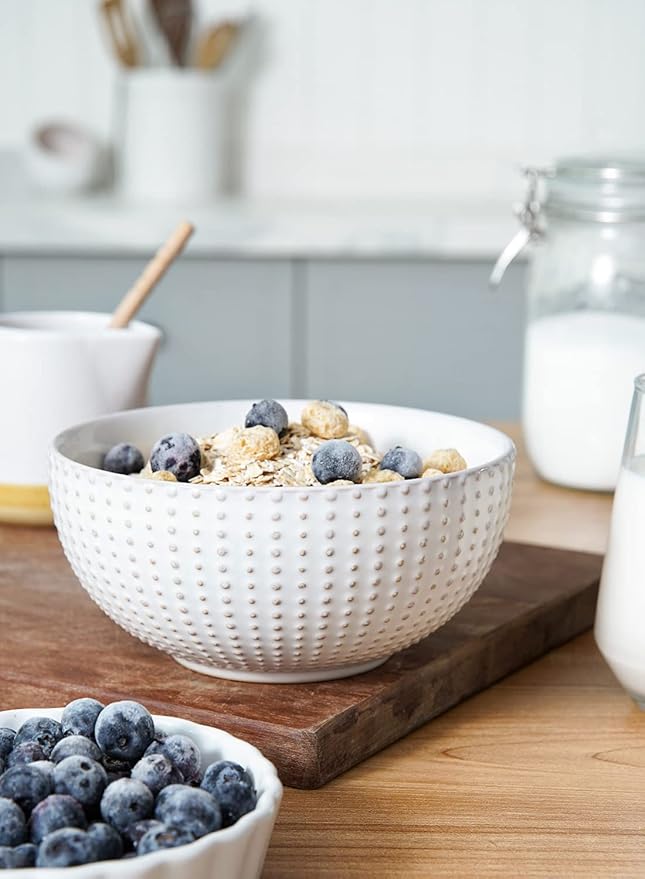 LE TAUCI Cereal bowls 26 oz, Ceramic Soup Bowl for Kitchen, Embossment Stoneware Bowl for Pho, Chip, Fruits, Salad, Noodle, Ramen, Suit For Housewarming - 6 Inch, Set of 4, Arctic white