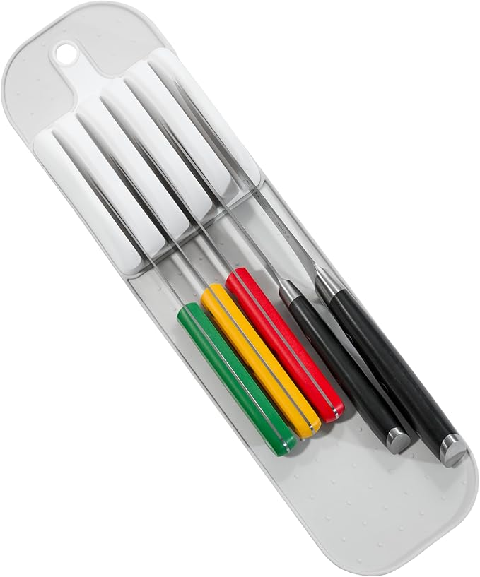 Madesmart Classic 5-Slot Small Knife Holder Storage Mat for Drawers, Soft-Grip Kitchen Knife Block, White/Gray