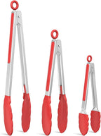 NileHome Tongs for Cooking, Professional Stainless Steel Cooking Tongs – Heat-Resistant for Grilling, BBQ, Serving Salad, Pasta, and Kitchen Use, Dishwasher Safe, Set of 7" 9" 12", Red