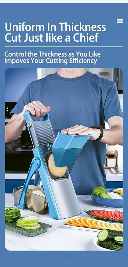New Upgrade Safe Mandoline Slicer Plus, Biger Size, Adjustable Vegetable Food Chopper Potato Fries Cutter, Detachable Blade, Kitchen Chopping Artifact with Container. Blue