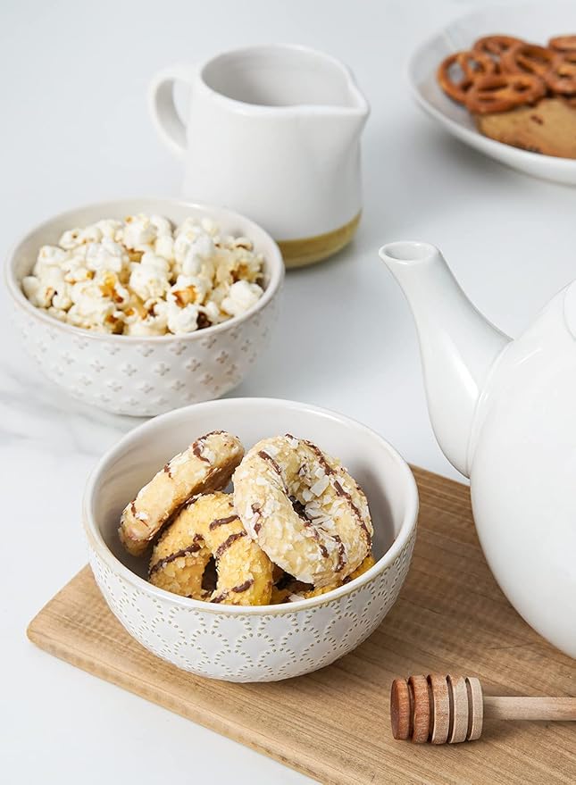 LE TAUCI Small Bowls 12 OZ, Ice Cream Bowl, Ceramic Embossment Stoneware Bowl, Bowls Set for Dessert, Fruits, Side Dishes, Suit For Housewarming - 4.5 Inch, Set of 4, Arctic white