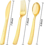 KIRE 400PCS Gold Plastic Silverware - Extra Heavy Duty Hammered Silverware Disposable Set, Gold Utensils Set Include 200 Forks,100 Knives,100 Spoons for Thanksgiving Party, Wedding