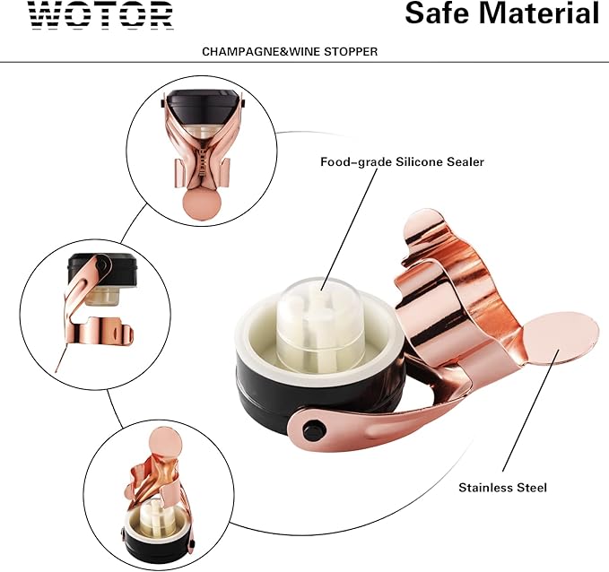 WOTOR Champagne&Wine Bottle Stoppers Stainless Steel with Food Grade Silicone, Leak Proof Keep Fresh Reusable Saver, Cork Suitable for Wine, Champagne, Cava, Prosecco and Sparkling (6 Pack Rosegold)