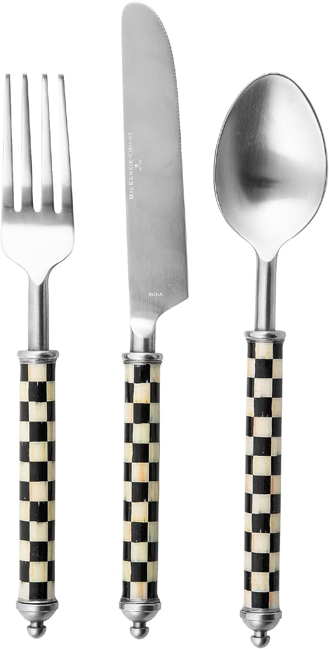 MACKENZIE-CHILDS Supper Club 3-Piece Place Setting, Fork, Spoon, and Knife Dinner Flatware Set, Black-and-White Courtly Check
