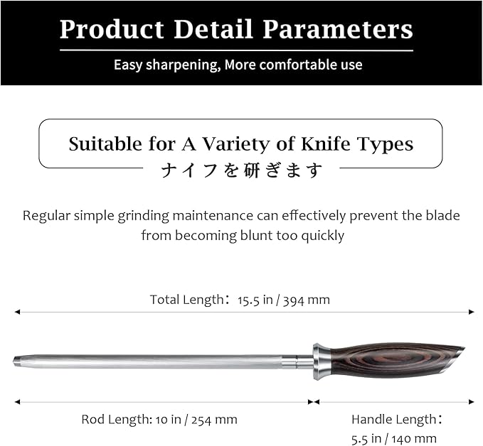 HOSHANHO Honing Rod,10 Inch Professional Kitchen Knife Sharpener Rod, Japanese High Carbon Knife Sharpening Steel with Ergonomic Pakkawood Handle, Ideal for All Chef Knives