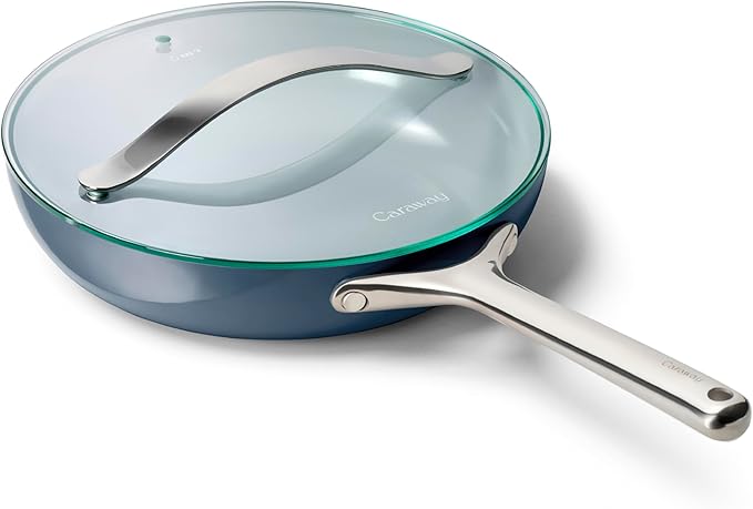 Caraway Nonstick Ceramic Frying Pan With Glass Lid (2.7 qt, 10.5") - Non Toxic, PTFE & PFOA Free - Oven Safe & Compatible with All Stovetops (Gas, Electric & Induction) - Navy