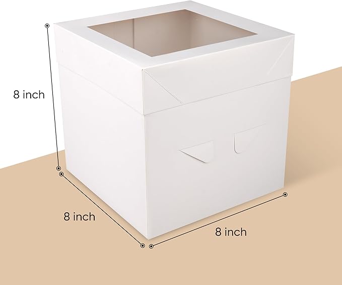 Cakebon Cake Boxes with Boards - 8 Inch Round Cake Drum Silver - Box With Window for Birthdays, Weddings and Parties (1pc Each, 2pcs Total)