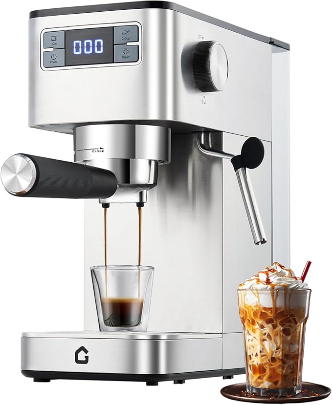 Garvee Compact 20 Bar Espresso Machine–Stainless Steel, Steam Milk Frother, Removable Tank for Cappuccino/Latte,(Silver)