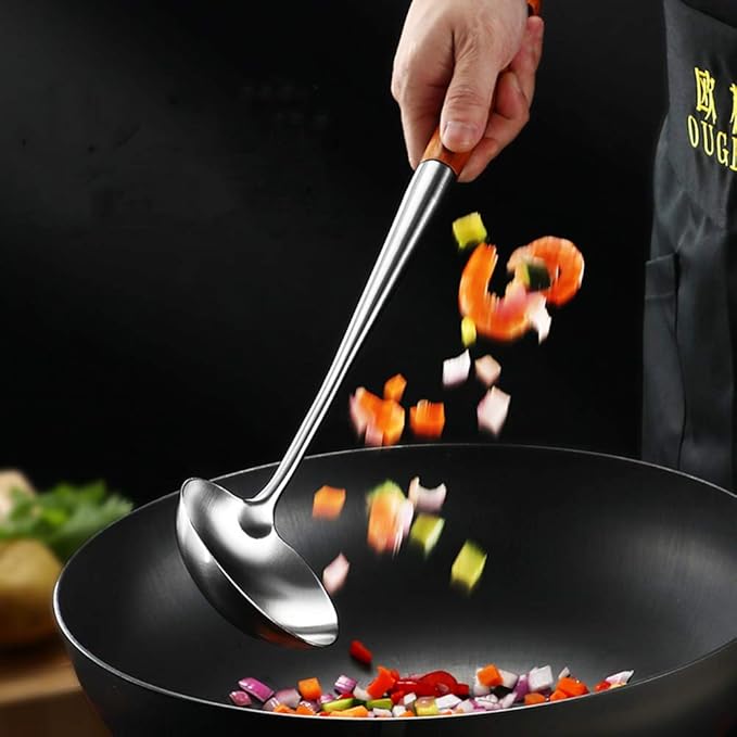 FJNATINH Wok Spatula and Ladle Tool Set, 17inches Spatula for Wok, 304 Stainless Steel Spatula Soup Ladle