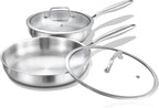 DELARLO Tri-ply Stainless Steel Frying Pan Set with Lid 8" 12" Induction large Skillets Chef's Pan,Pots and Pans Set Kitchen Cookware Set Suitable for All Stove