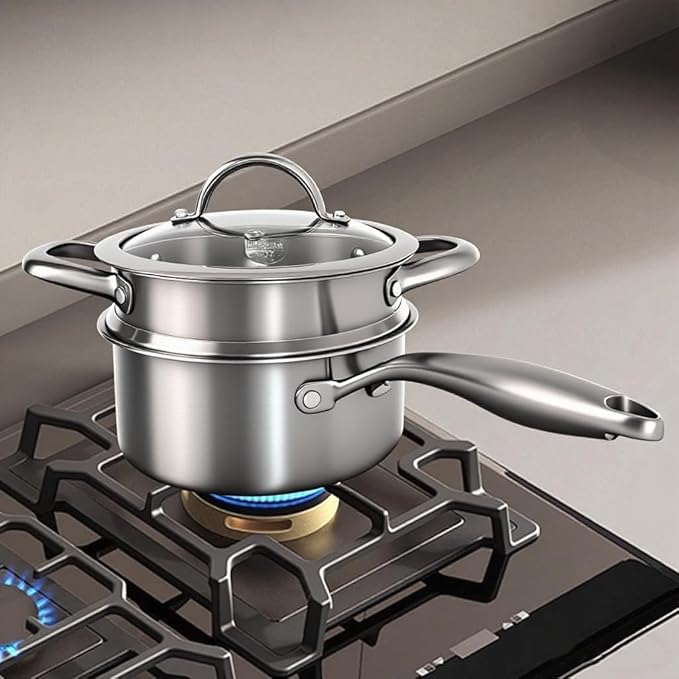 2.5 Quart Stainless Steel Saucepan with Steamer Basket, 18/10 Tri-ply Full Body, Multipurpose Sauce Pot with glass Lid, Perfect For Boiling Gravies, Pasta, Noodles