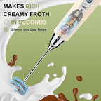 YUSWKO Beige Handheld Milk Frother Wand with Stand for Coffee, Rechargeable Electric Whisk with 3 Heads 3 Speeds Drink Mixer Coffee Frother For Latte, Cappuccino, Hot Chocolate, Egg