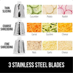 GORILLA GRIP BPA-Free Rotary Cheese Grater Hand Crank, Easy to Set Up, Strong Suction Base for Kitchen Countertop, Shred Potato, Vegetable, Nuts in Seconds, Round Mandoline Slicer, 3 Blades, Gray
