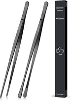 2 Pcs 12-inch Cooking Tweezers Tongs Precision Serrated Tips, Stainless Steel Professional Chef Tweezer Kitchen Tools for BBQ, Plating and Serving (Black)