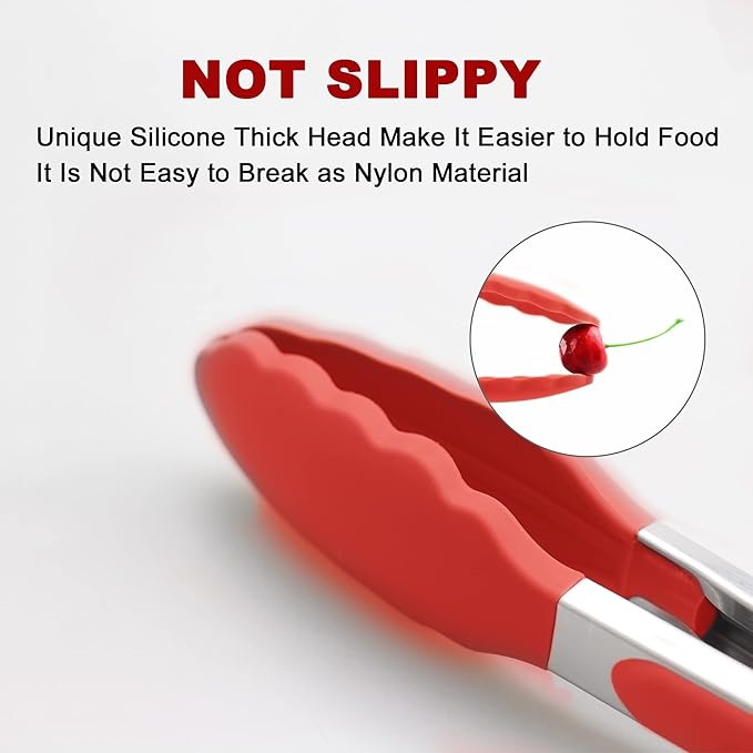 Set of 2 Kitchen Tongs 9-Inch & 12-Inch, Premium Stainless Steel BPA Free Silicone Non-Stick Grilling Barbeque Cooking Locking Food Tongs, Red