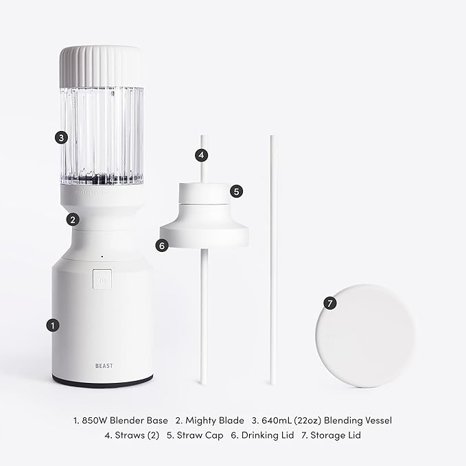 Beast Mighty 850 | Premium Compact Personal Blender | Smoothies, Shakes, Dressings, Sauces, Desserts, Dips | Blends Ice and Frozen Fruit | Includes Extra Lids and Straws | 850W (Cloud White)