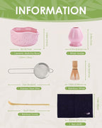 Matcha Whisk Set, Ceramic Matcha Set Includes Matcha Bowl with Spout, Matcha Whisk and Holder, Bamboo Scoop, Sifter and Tea Towel - 6 Pcs Matcha Kit Gift for Matcha Lovers (Pink)