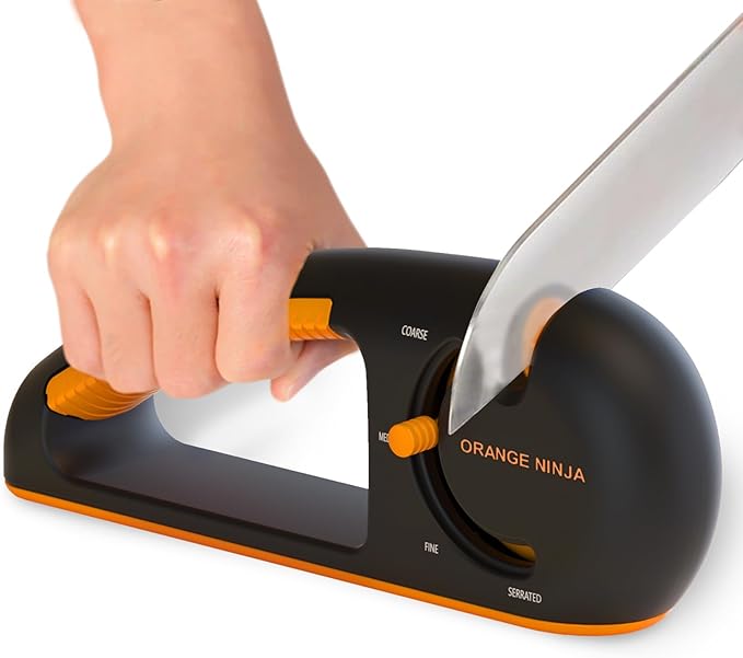 Orange Ninja 4-Stage Knife Sharpener & Serrated Knife Sharpener– Repairs, Sharpens & Polishes Blades with Ergonomic Non-Slip Grip