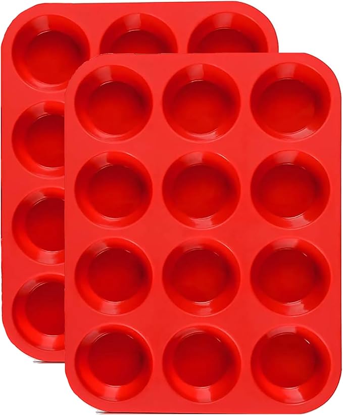 JEWOSTER 12 Cups Silicone Muffin Pan 2 Pack - Cupcake Pan Nonstick Silicone Molds Great for Making Muffin Cakes,Bread, Tart - BPA Free Baking Accessory