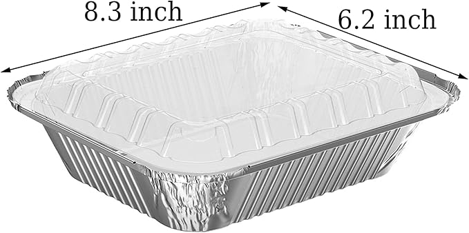 WANBAO 100 PACK 8.3"x6.2" Disposable Tin Foil Pans with Plastic Lids 2.25LB Aluminum Foil Food Containers for Cooking, Baking, Catering Party Meal Prep, Take Out, Freeze, Food Storage